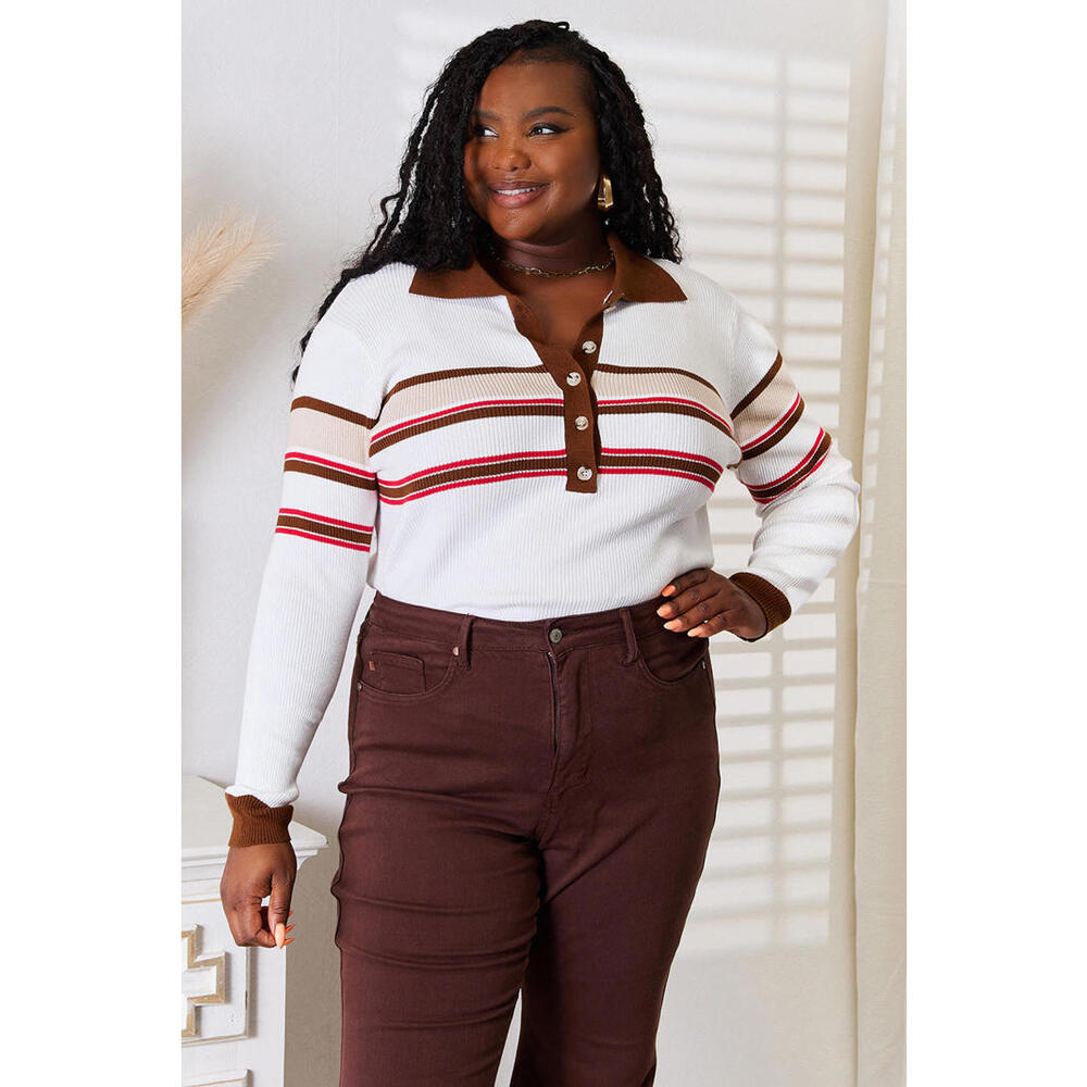 Striped Collared Neck Rib-Knit Top - Picture 5 of 7